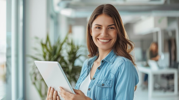 Giovane divertente sorridente europeo impiegato di successo donna d'affari in camicia blu lavoro uso hold tablet PC computer stand sul posto di lavoro