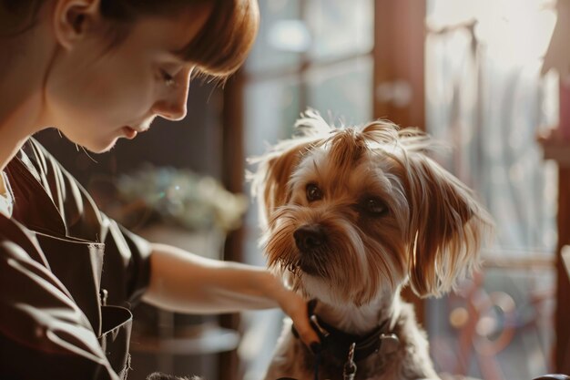 giovane donna addestratrice che lavora con un carino Yorkshire Terrier