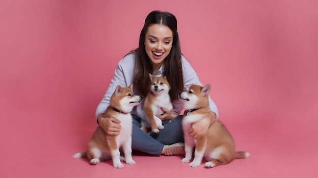Giovane donna adora i cani gioca con due piccoli cuccioli di Shiba Inu insegna loro a eseguire alcuni atti