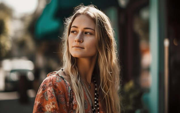 Giovane donna adulta con capelli lunghi biondi all'esterno nell'area AI Generativa AI