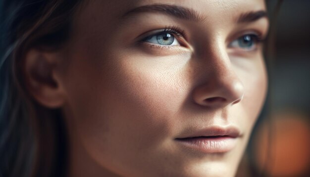 Giovane donna adulta con i capelli castani sorridente generata dall'intelligenza artificiale