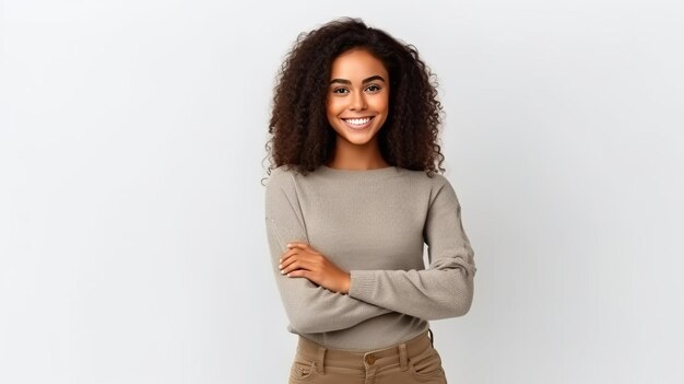 Giovane donna afro-americana con bracci incrociati isolato sfondo e sorridente