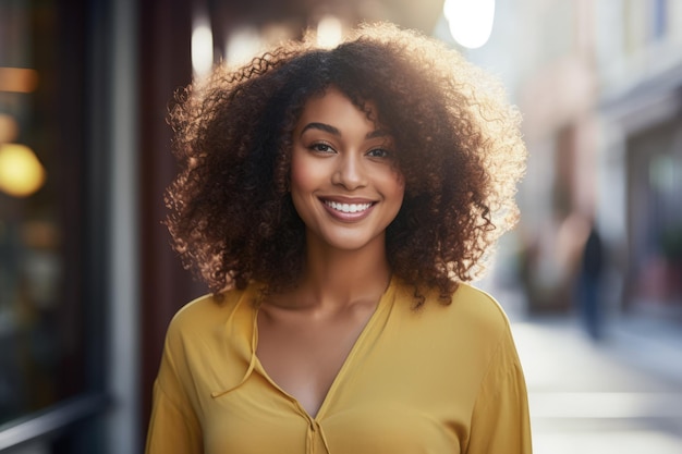 Giovane donna afroamericana con capelli ricci che sta davanti ad un negozio