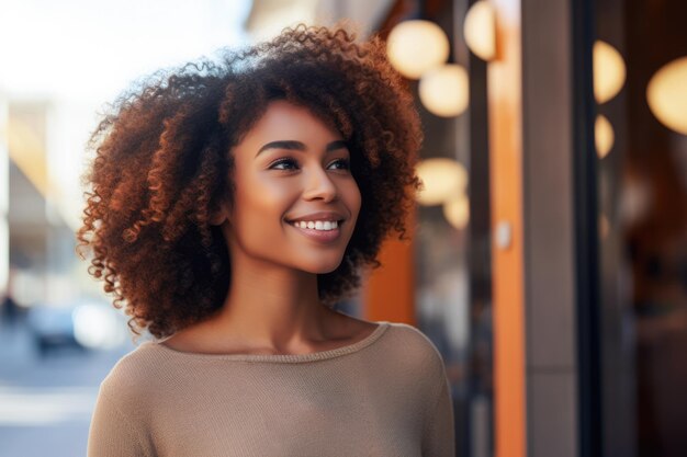 Giovane donna afroamericana con capelli ricci che sta davanti ad un negozio