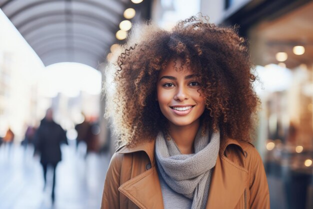 Giovane donna afroamericana con capelli ricci che sta davanti ad un negozio