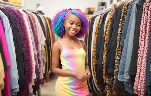 Giovane donna afroamericana con dreadlocks iridescenti che fa shopping nel centro commerciale.