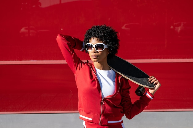 Giovane donna afroamericana in abiti sportivi e uno skateboard su uno sfondo di colore rosso