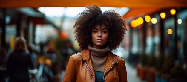 Giovane donna afroamericana in una scena cittadina invernale