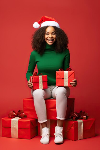 Giovane donna afroamericana indossare dolcevita cappello da Babbo Natale in posa tenere scatole regalo con fiocco regalo isolato su sfondo a colori studio