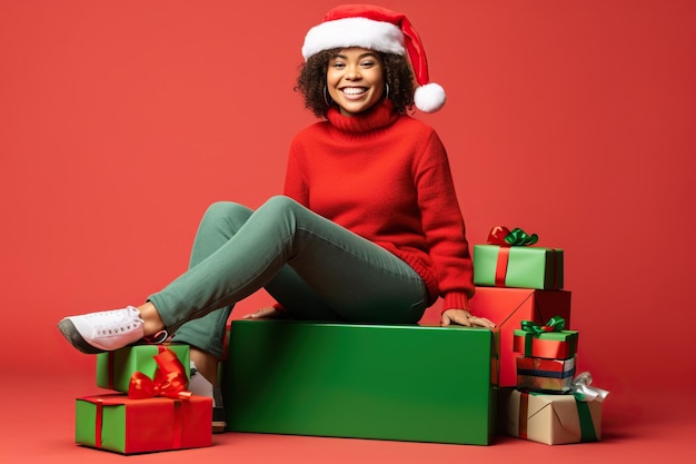 Giovane donna afroamericana indossare dolcevita cappello da Babbo Natale in posa tenere scatole regalo con fiocco regalo isolato su sfondo a colori studio