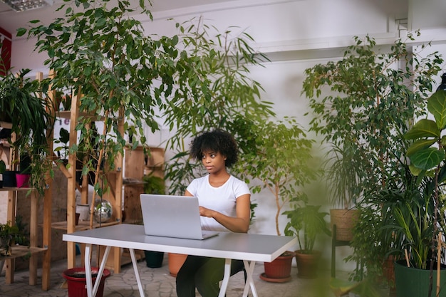 Giovane donna afroamericana premurosa che lavora digitando sul computer portatile seduto alla scrivania nella stanza dell'home office con un design moderno della biofilia