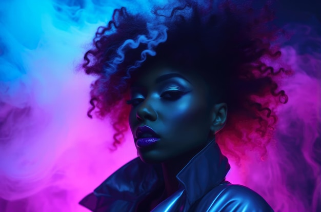 Giovane donna afroamericana sotto luci al neon viola