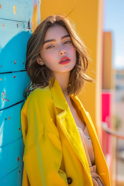Giovane donna alla moda con una giacca gialla vibrante che posa contro uno sfondo urbano blu e giallo