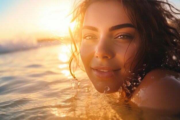 Giovane donna allegra che fa il bagno nel caldo mare tropicale