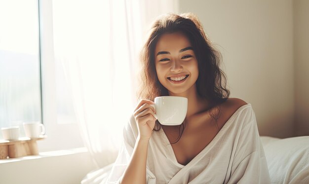 Giovane donna allegra che gode di una tazza di caffè a letto relax mattutino AI generativa