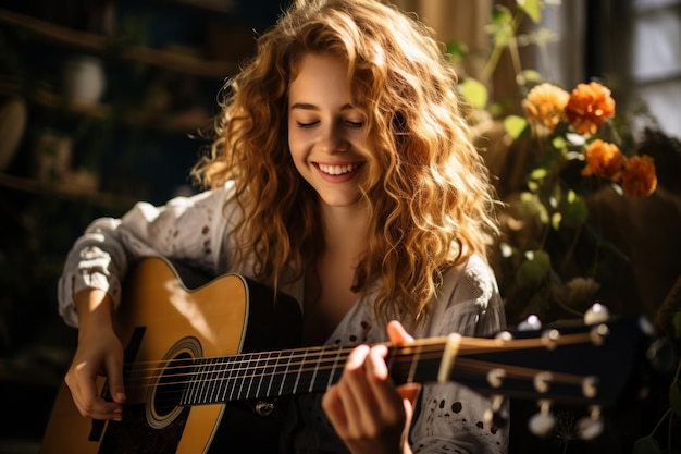 Giovane donna allegra che suona la chitarra acustica in salotto IA generativa