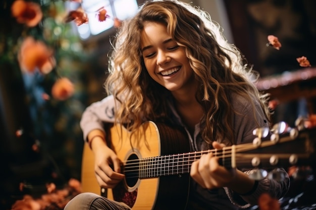 Giovane donna allegra che suona la chitarra acustica in salotto IA generativa