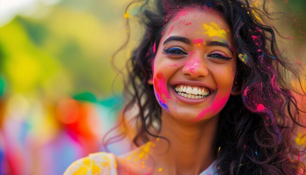 Giovane donna allegra coperta di polvere arcobaleno che celebra il festival di Holi