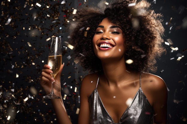 Giovane donna allegra e felice che beve champagne e si diverte alla festa in spiaggia Idea di celebrazione del nuovo anno in discoteca