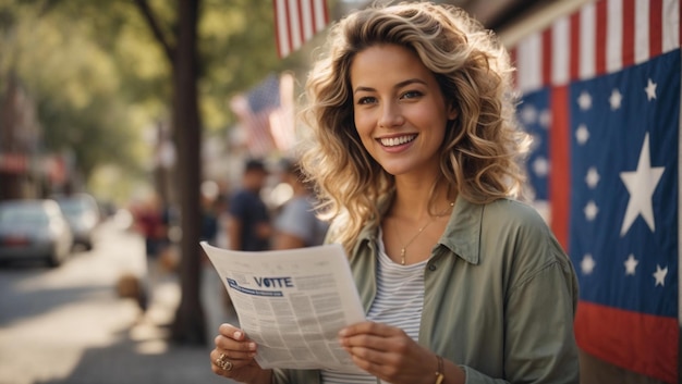 Giovane donna americana gioiosa con una newsletter il giorno delle elezioni