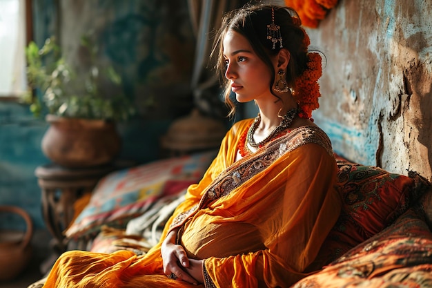 Giovane donna araba indiana incinta sullo sfondo di bellissimi fiori colorati