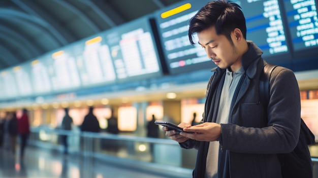 Giovane donna asiatica all'aeroporto globale che utilizza il telefono cellulare e verifica il volo sul display dello stato del volo