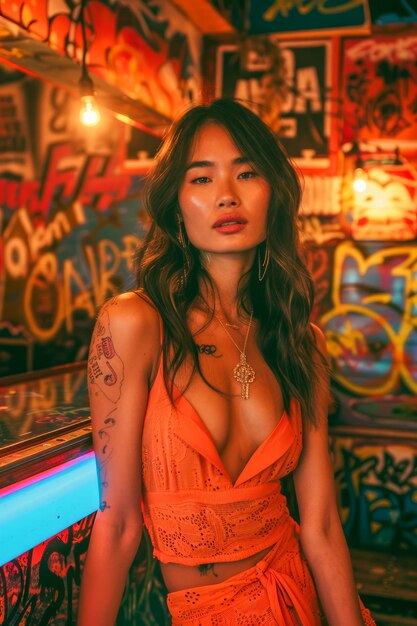 Giovane donna asiatica alla moda che posa in un ambiente urbano illuminato al neon alla moda con uno sfondo di graffiti