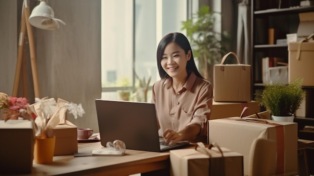 giovane donna asiatica che lavora su un portatile in un ufficio concetto di business