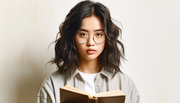 giovane donna asiatica con gli occhiali che tiene un libro sullo sfondo bianco