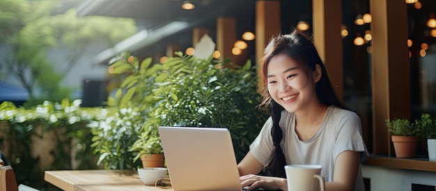 Giovane donna asiatica con il computer portatile al caffè all'aperto che studia e che sorride