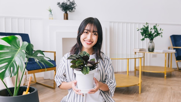 Giovane donna asiatica con lunghi capelli neri che tiene una piccola pianta da casa nel vaso con cura e sorriso Monstera e amante delle piante da appartamento a casa Il concetto di cura delle piante