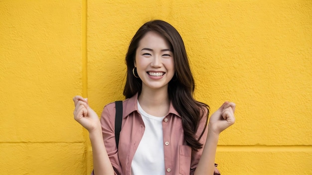 Giovane donna asiatica con un'espressione positiva sorriso ampiamente vestita in abiti casuali su giallo w