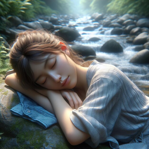 Giovane donna asiatica dormire natura fiume