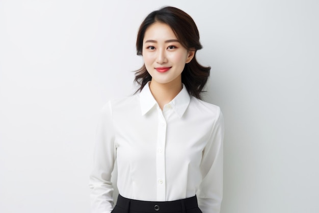 Giovane donna asiatica imprenditrice professionista in piedi in abbigliamento da ufficio sorridendo e guardando confidenziale