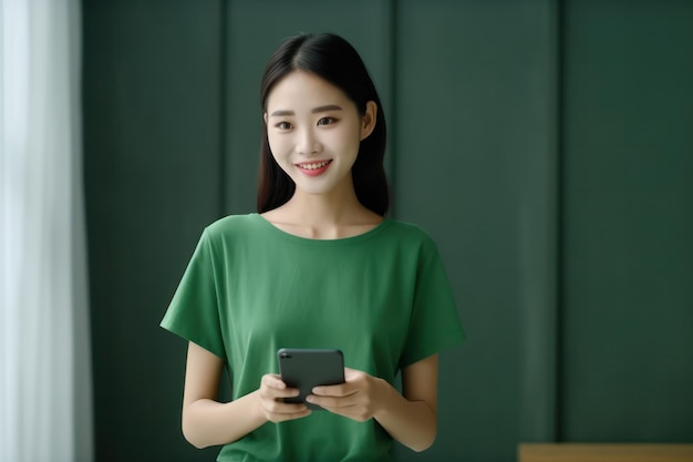 Giovane donna asiatica in camicia verde tiene lo smartphone con uno stile di vita moderno e vibrante di energia e il concetto di connettività