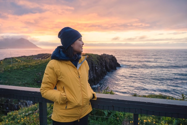 Giovane donna asiatica in piedi e guardando l'uccello della pulcinella di mare sulla scogliera tra l'Oceano Artico a Borgarfjordur Eystri in estate a est dell'Islanda