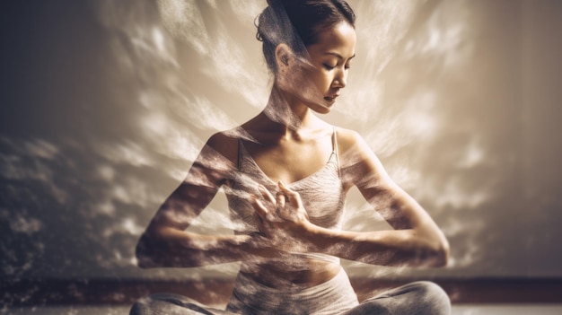 Giovane donna asiatica in posa yoga avanzata doppia esposizione energia ripple nel corpo eroico Generative AI AIG20