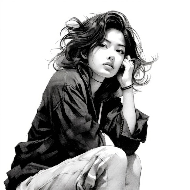 Giovane donna asiatica nel pensare e dubitare di un'illustrazione realistica Personaggio femminile hipster con volto sognante su sfondo astratto Ai generato luminoso poster colorato