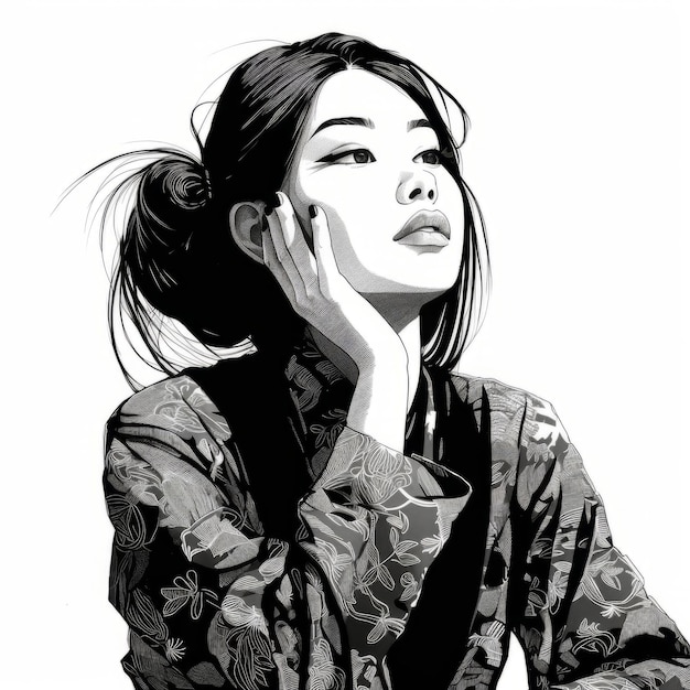 Giovane donna asiatica nel pensiero e nei dubbi illustrazione monocromatica Personaggio femminile hipster con volto sognante su sfondo astratto Poster disegnato in bianco e nero generato da Ai
