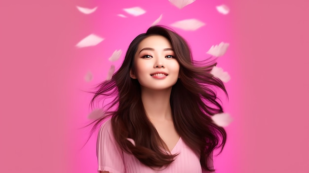 Giovane donna asiatica su sfondo rosa Ritratto Ai Generativo