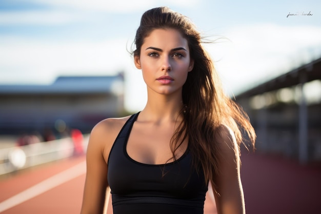 Giovane donna atletica che posa in attrezzatura sportiva