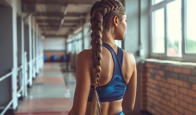 Giovane donna atletica che si riposa in palestra con un abito sportivo