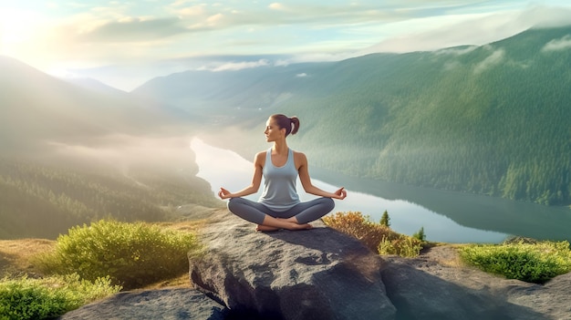 giovane donna attraente che pratica yoga e medita su una roccia che si affaccia su un paesaggio di montagna con un fiume