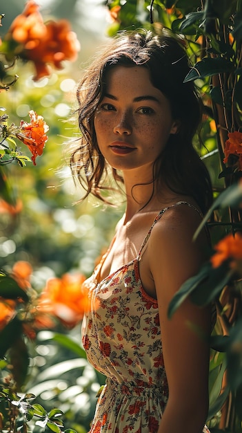 giovane donna attraente in alto in giardino il sole che sorge in una mattina d'inverno