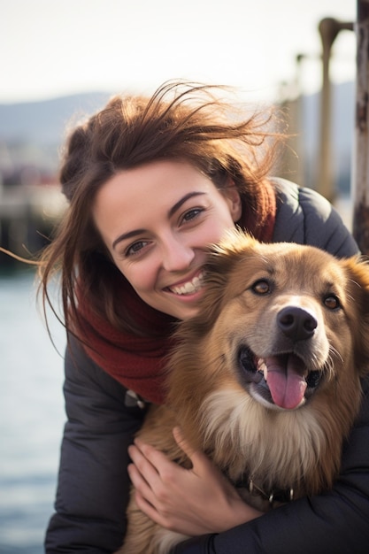 Giovane donna attraente seduta al molo con il suo cane che abbraccia e accarezza un adorabile animale domestico AI generativa