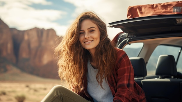 Giovane donna attraente si siede in macchina ammirando un bellissimo paesaggio durante un viaggio Creato con la tecnologia generativa AI