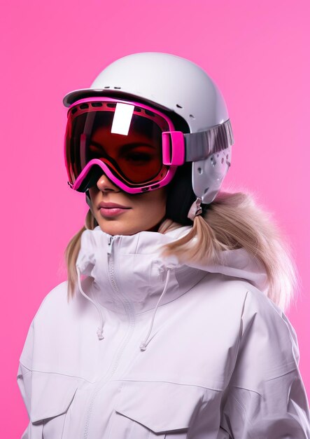 Giovane donna bellissima con casco e occhiali da sci Attrezzatura da sci AI generativa