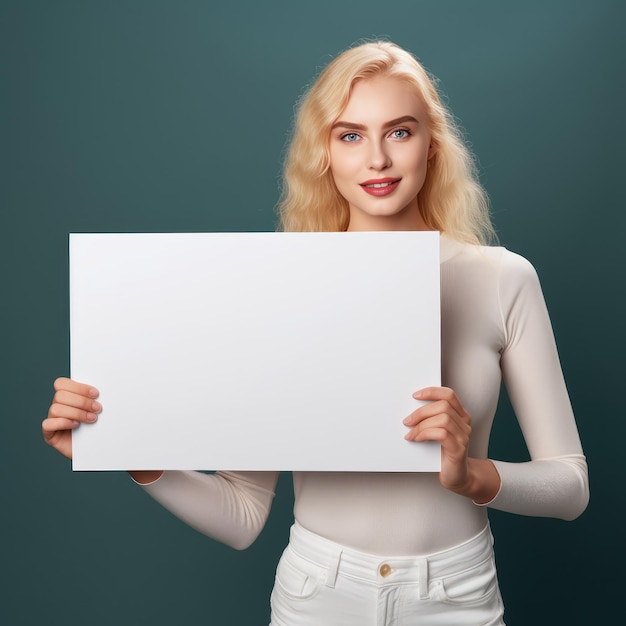 Giovane donna bionda che tiene in mano un cartellone bianco per il tuo messaggio pubblicitario