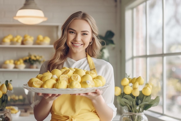 Giovane donna bionda con due limoni gialli sulla cucina bianca spazio di copia AI generativa