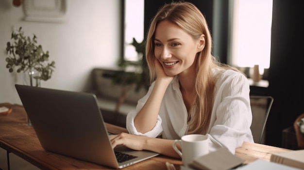 Giovane donna bionda sorridente che lavora con il computer portatile seduto in ufficio a casa IA generativa AIG20